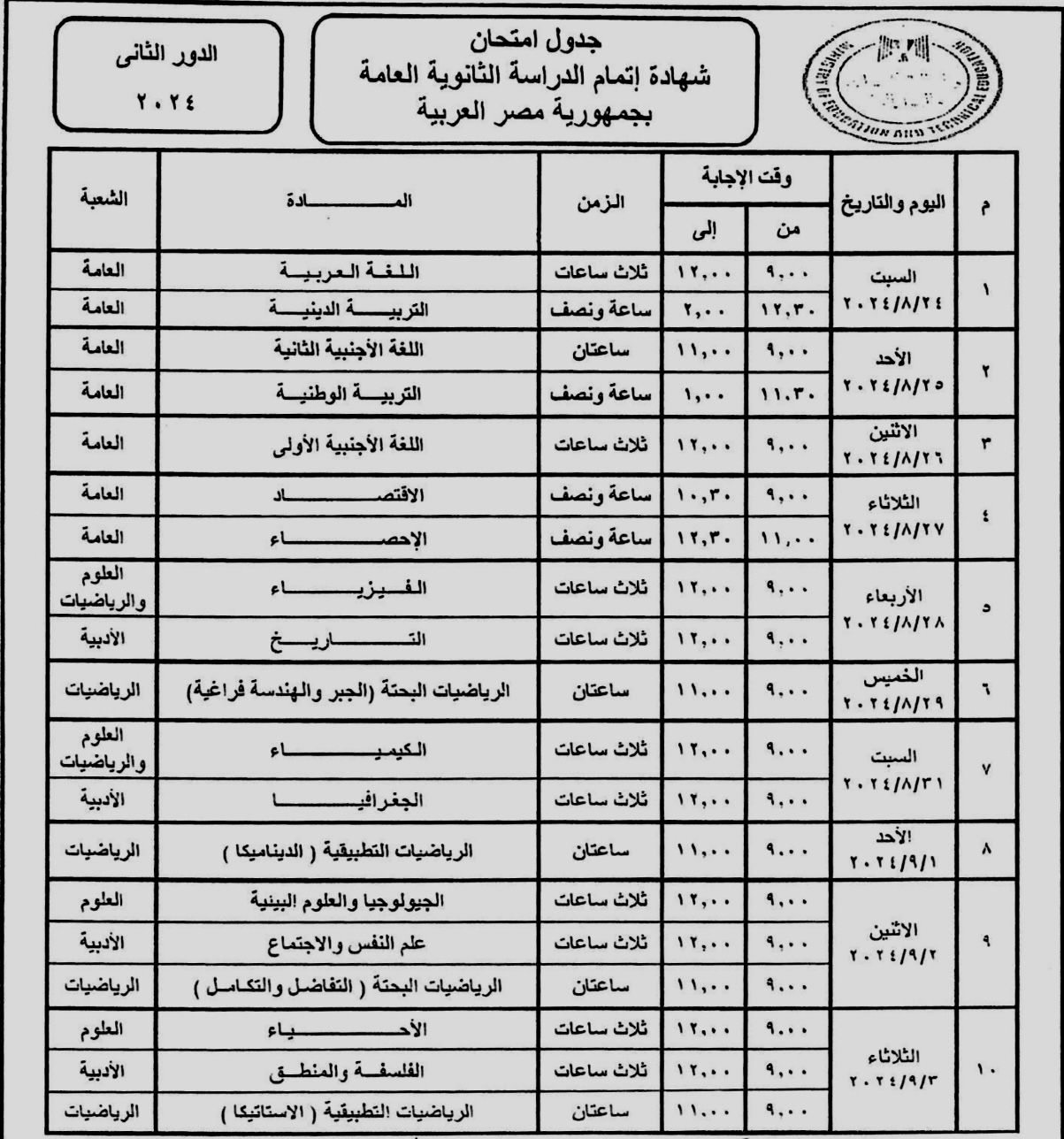 وزير التعليم يعتمد جدول امتحانات الثانوية العامة دور ثان 2024