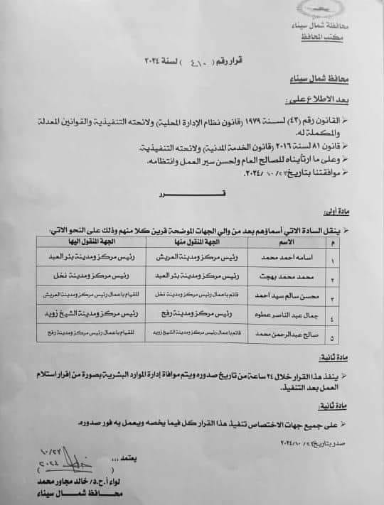 محافظ شمال سيناء يجري تعديلات واسعة في رؤساء المراكز والمدن