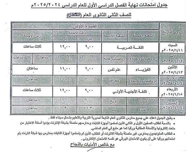 شمال سيناء تعلن جداول امتحانات النقل في الثانوي العام للفصل الدراسي الأول 2024 /2025